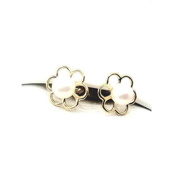 Flower Pearl Baby / Toddler / Kids Earrings Safety Screw Back - 14k Gold - Picture 8 of 11